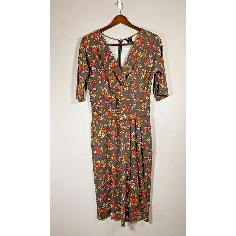 J. Peterman Faux Wrap Dress Womens Sz 12 Brown Floral Stretch Pleated Midi
